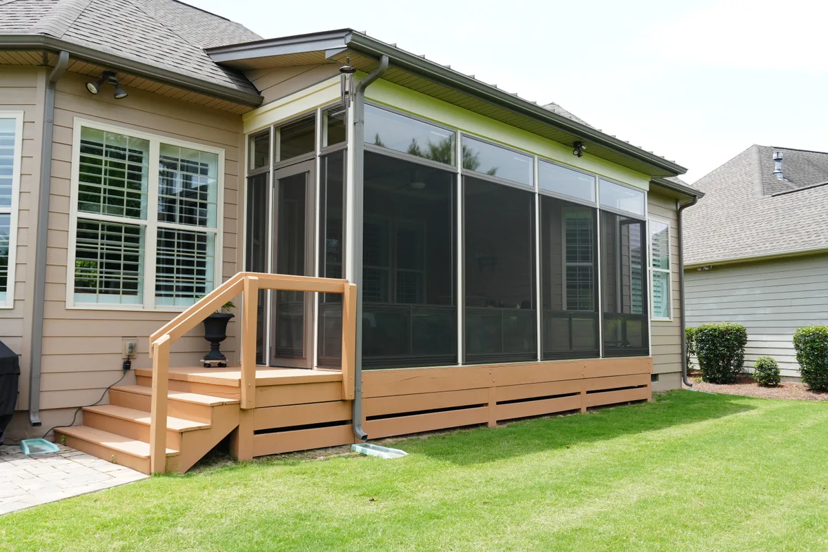 Completed porch enclosure detail Mecklenburg County NC vinyl sunroom