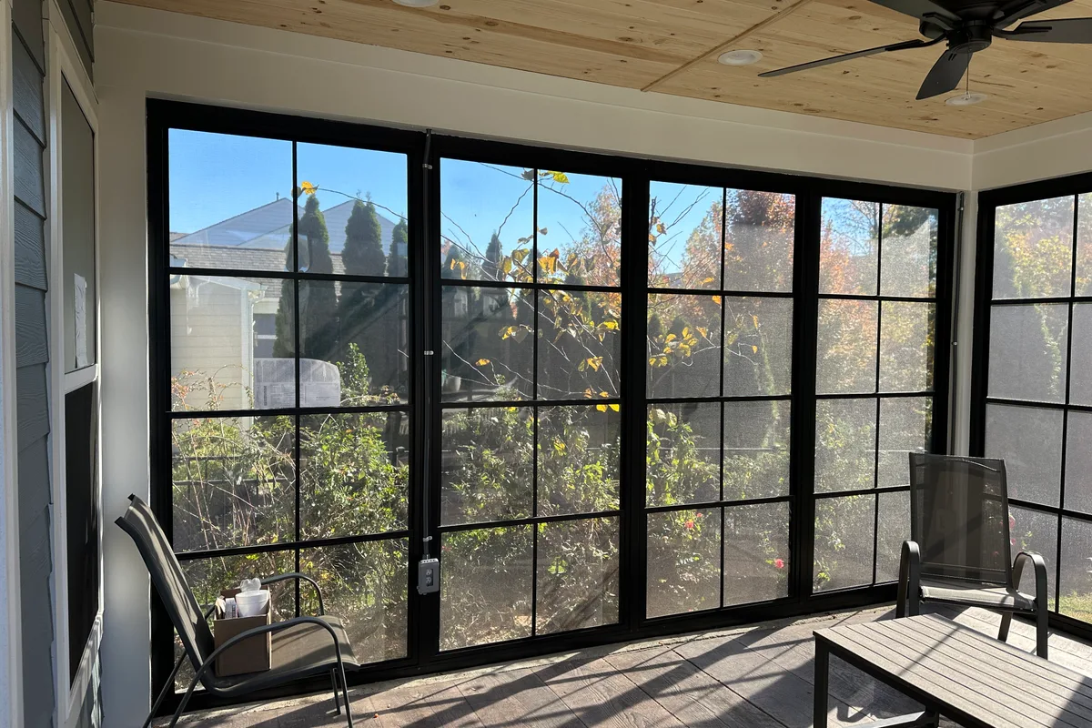 Screened porch vinyl film sunroom detail The Ramble Mecklenburg County NC