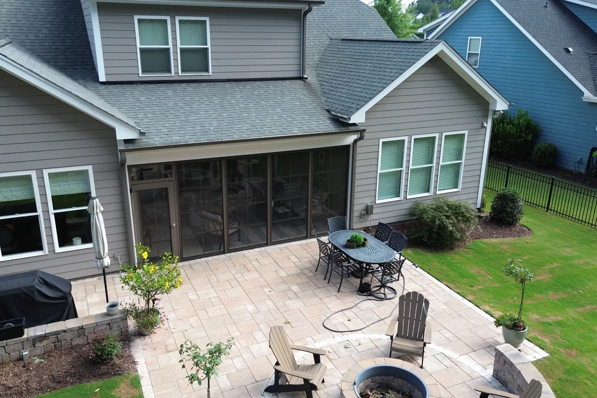 Vinyl-film panels in closed position providing full weather protection on Belmont NC porch