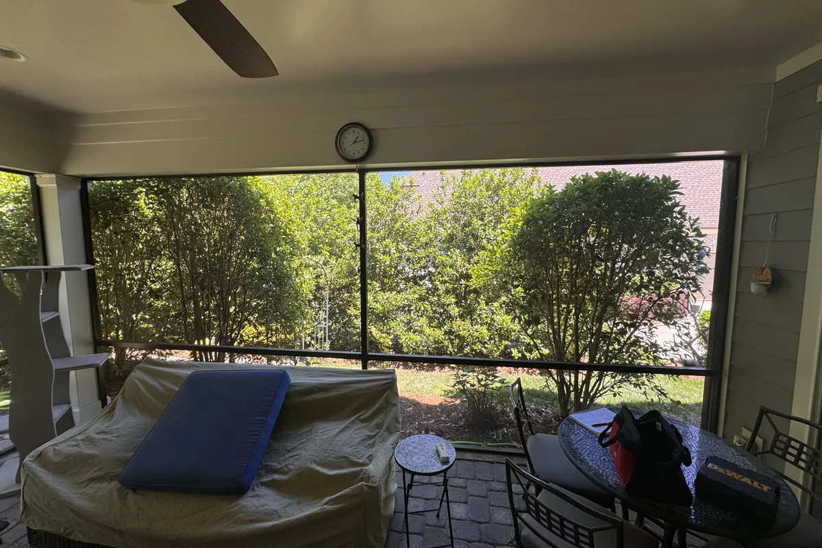 Existing structure detail before 3-season vinyl film enclosure installation in Huntersville