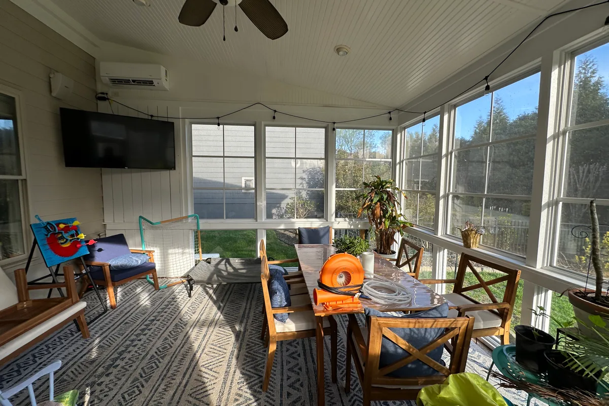 Craft-Bilt vinyl film stacking window panels fully closed on Indian Land SC porch enclosure