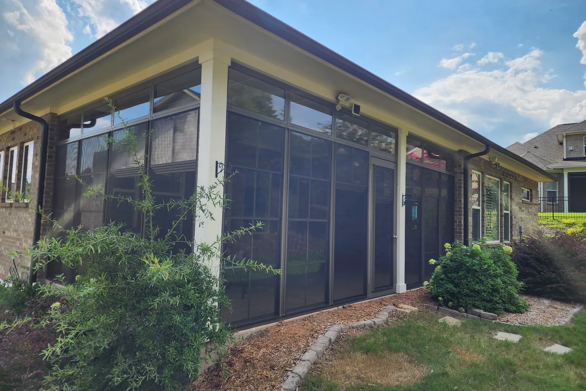 Finished vinyl film patio enclosure detail Charlotte NC area