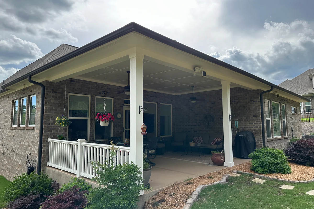 Completed 3-season vinyl film porch enclosure exterior view in Matthews NC
