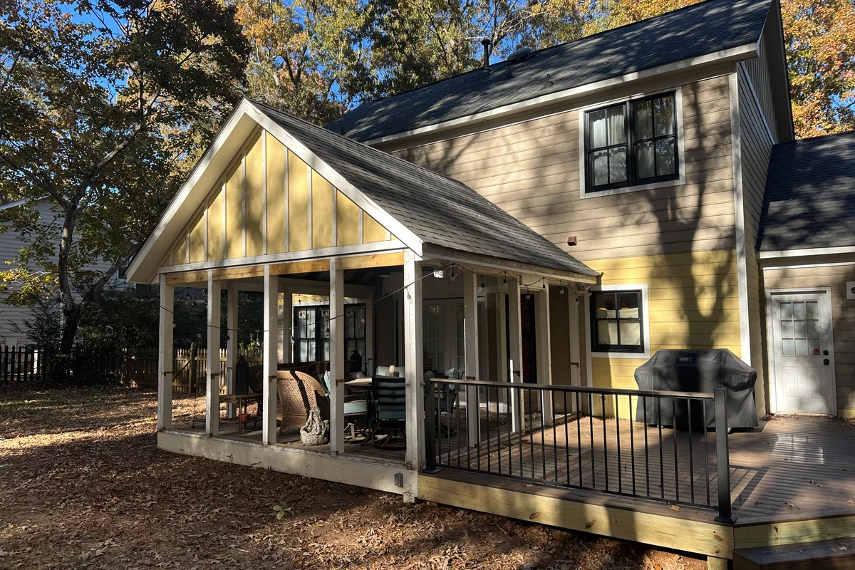 Completed 3-season vinyl film porch enclosure exterior view in Monroe NC