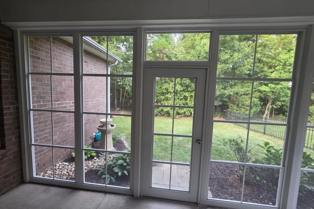 Finished porch enclosure vinyl film detail Weddington Mecklenburg County