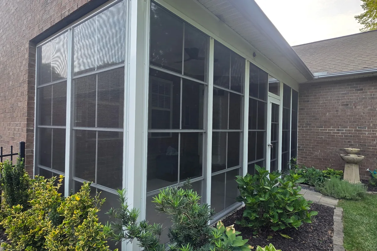 Vinyl film porch enclosure finished detail Weddington NC sunroom