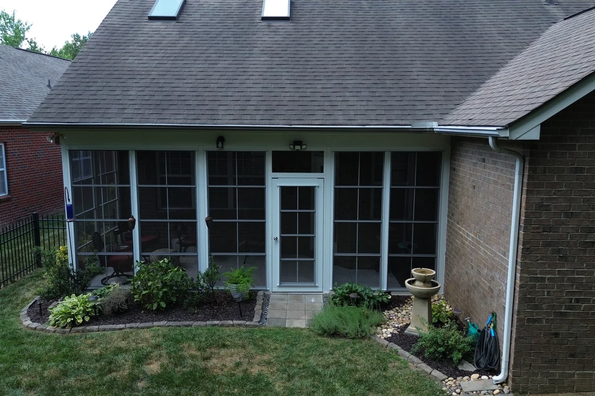 Finished 3-season vinyl film porch enclosure exterior Weddington Charlotte
