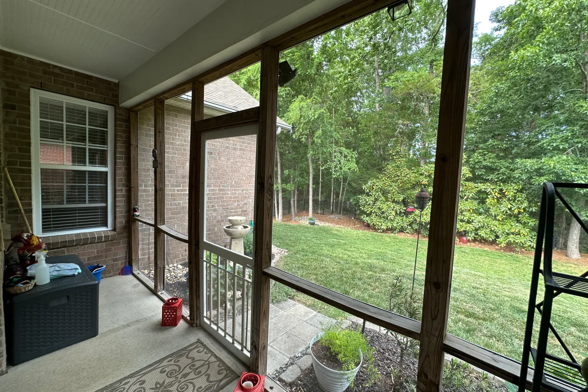 Unenclosed porch detail before vinyl film installation Weddington Charlotte
