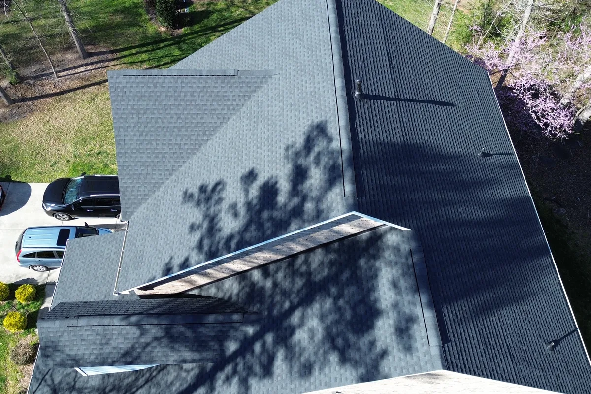 Close-up detail of completed roof installation by roofing contractor in Riceland Charlotte NC